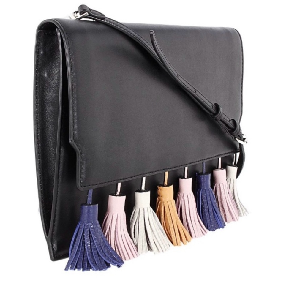 REBECCA MINKOFF Sofia Tassel Clutch Crossbody Handbag Black Leather orig $245 - Picture 3 of 16